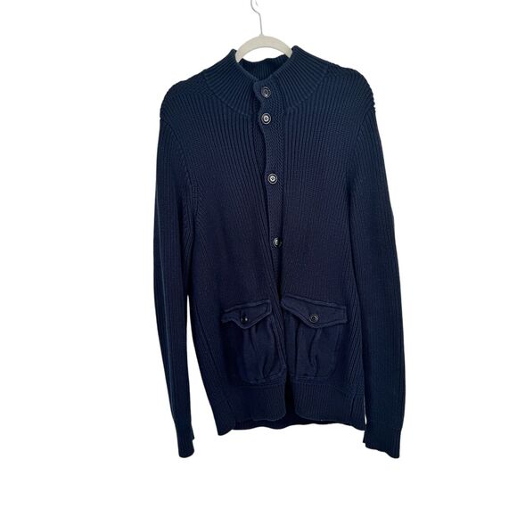J Crew Navy Blue Cotton Cable Knit Cardigan Sweater Chunky Preppy Mens Large - Picture 1 of 7